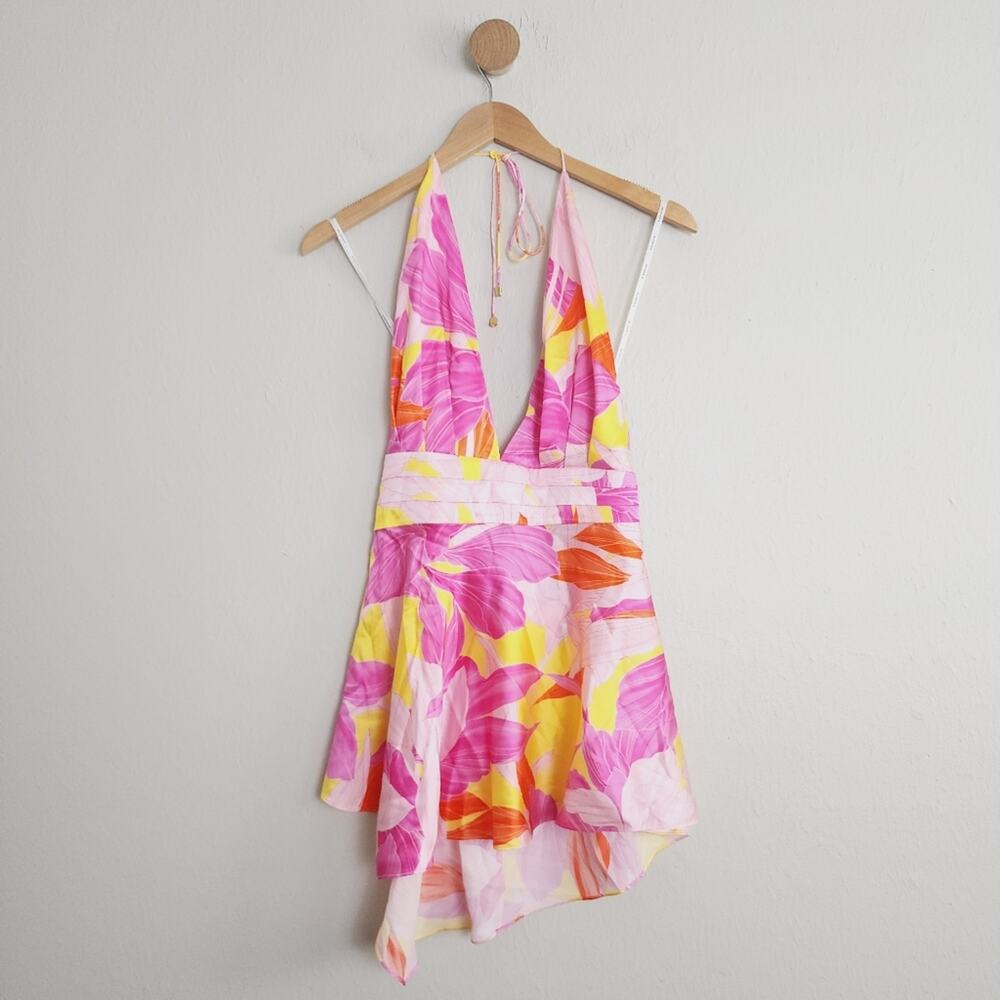 Retrofête Valo Halter Open Back Silk Mini Dress Botanical Floral NWT Large $445